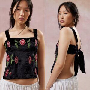 Urban Outfitters Kimchi Blue Jana Velvet Embroidered Top Open Back - Size Large